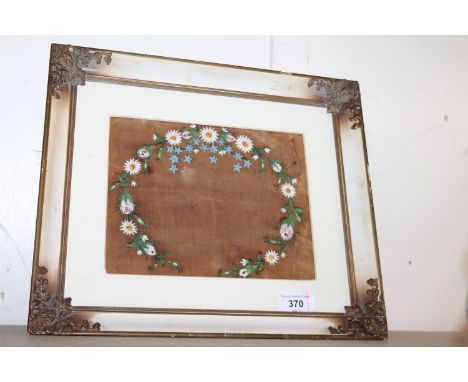Floral embroidered panel, photograph of interior scene verso, possible original location of panel?, 17 x 20cm.&nbsp; 