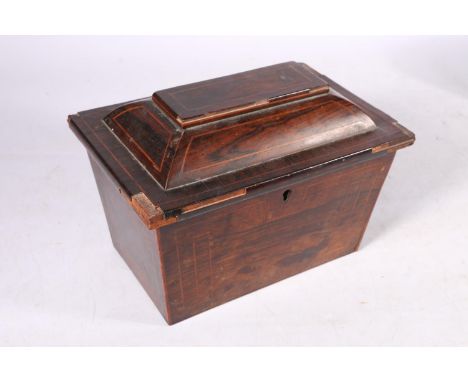 19th century rosewood veneer tea caddy of sarcophagus form, 17cm. 
