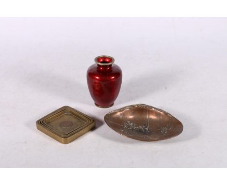 Chinese red ginbari cloisonné enamel miniature baluster vase, 8.5cm high, a set of four Chinese bronze nesting miniature pin 