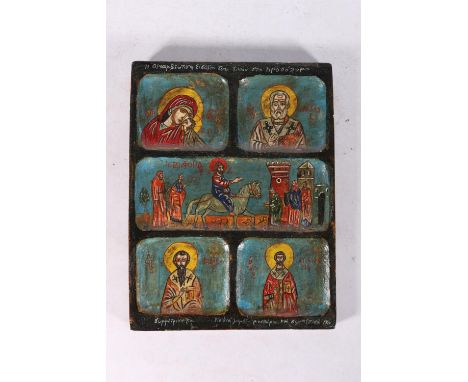 A Russian icon, a carved and painted panel with five scenes, 33cm x 25cm. #280 