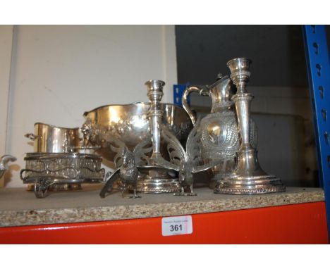 Quantity of EPNS to include punch bowl, 30cm diameter, novelty serving dish on trolly, candlesticks, pitcher, etc. 