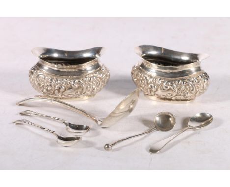 Pair of Edwardian silver oval salts by Mitchell Bosley &amp; Co., Birmingham 1905, 49g gross, also a silver ladle 21g, and fo