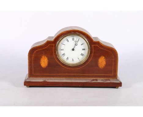 Edwardian mahogany and inlaid arch top mantle timepiece ' clock', snow flake mark to the backplate, 29cm long. 