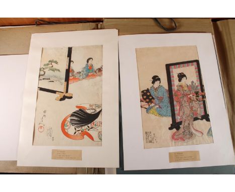 CHIKANOBU (Japanese 1838-1912), three woodblock prints on paper, 34cm x 22cm, KUNIMASA, Loyal Samurai series woodblock print,