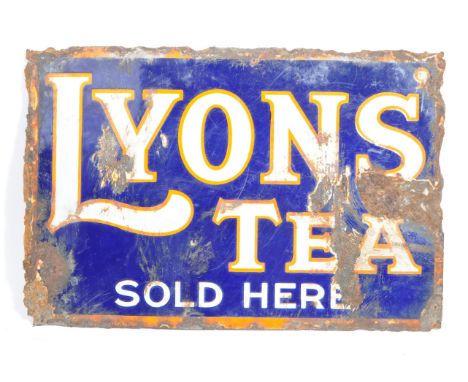 An original vintage double sided enamel industrial advertising Lyons tea sign. Measures 30cm x 45cm.  