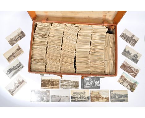 Extensive postcard accumulation of British views, approx. 4,000 in vintage leather suitcase. All topographical, postally used