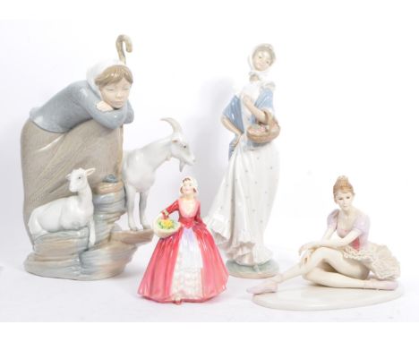 A collection of figurines to include Nao for Lladro, Royal Doulton and Leonardo. Depicting a young boy with goat, female ball