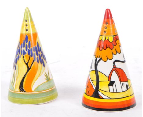Clarice Cliff - A pair of hand painted sugar sifters by Clarice Cliff. Includes 'House & Bridge', the other 'Windbells' patte