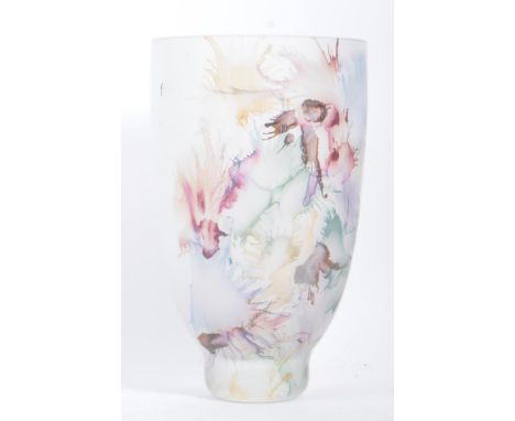 Daum Nancy - A frosted tapering form glass vase in the manner of Daum Nancy. With multicoloured full height floral abstract d