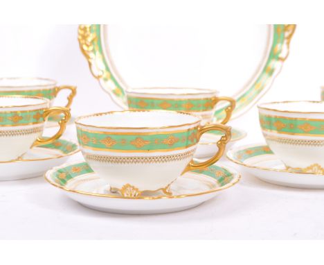 Royal Crown Derby - An early 20th century circa 1900s Royal Crown Derby porcelain tea service set with green band and detaile