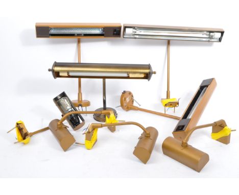 A set of eight late 20th century contemporary 1980's metal wall mounted gallery picture / bookcase lamp lights by Linolite. W