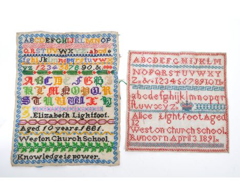Two 19th Century Victorian needlework samplers stitched by two differing related individuals. To include one reading 'Alice L