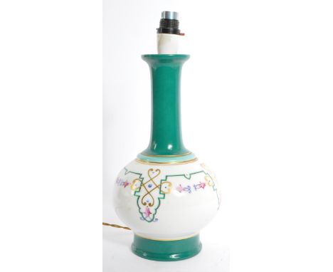 A 20th century vintage French porcelain table lamp. The lamp having a white base with Art Deco inspired hand painted design t