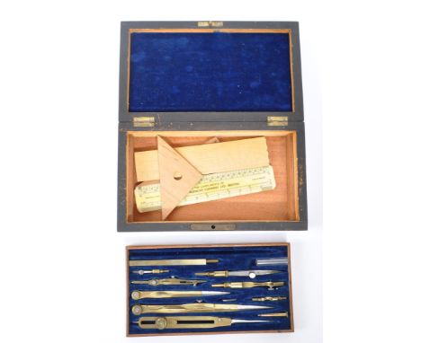 A Victorian 19th century circa 1850's rosewood cased mathematical drawing instrument set, believed W H Harling, having a two-