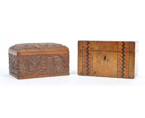 An early 20th century inlaid Tunbridge tea caddy together with a carved Indian camphor wood cigarette dispenser / box. Measur
