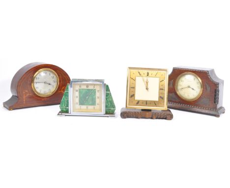 Collection of four mantle clocks includes a French 8-Day mahogany & inlay mantle clock, makers mark and ' Made in France ' to