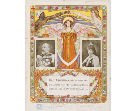 Edward VII.- Admission ticket to Edward VII's Coronation Dinner, chromolithographed card, ink inscription at foot, laid down 