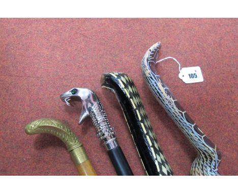 A Lucius Malfoy (Harry Potter) Staff and Wand as a Cobra, green eyes 120cm long, a brass head Cobra stick and two painted wit