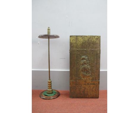 A Stick Stand, in dark wood, brass centre post, and a brass stick box, decorating with a sailing ship front, pull out drip tr