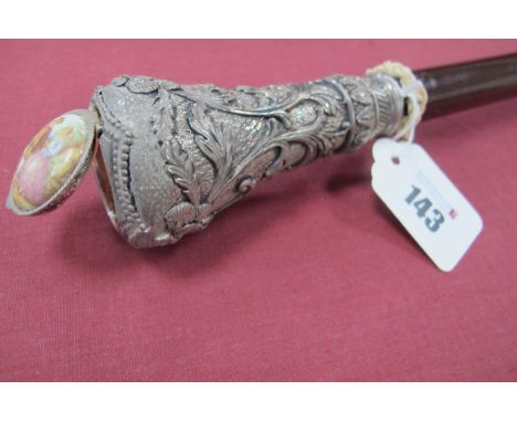 A Silver 925 Heavily Chased Walking Stick Handle, incorporating a pill box to top porcelain picture of man and woman, mahogan