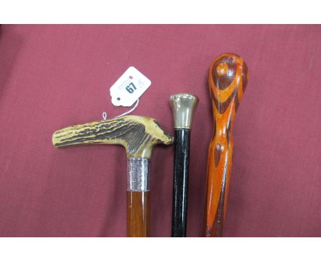 A Malacca Walking Cane, with stag handle, silver ferrule and brass tip, 87cm long, white metal topped walking cane, hardwood 