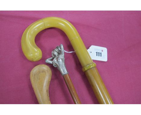 A Walking Cane/Umbrella, with celluloid handle and tip, 89cm long and a stick with part marquetry work in  different woods, a