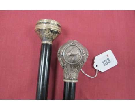 An Equestrian Style Walking Cane, with handle in the shape of a balloon, showing horse head, tack, rosette, flower on top, eb