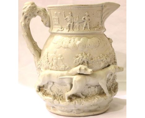 Large Masons Ironstone jug with relief decoration of hunting dogs, H: 27 cm. Not available for in-house P&P, contact Paul O'H