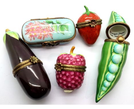 Four Limoges fruit and vegetable ceramic trinket boxes and a rectangular example. P&amp;P Group 2 (£18+VAT for the first lot 