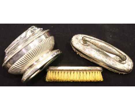 Sterling silver mounted nail buff, a silver plated Ronson table lighter and a vintage pocket brush. P&amp;P Group 1 (£14+VAT 