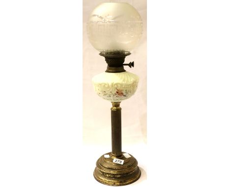 Victorian brass oil lamp with milk glass reservoir and etched glass shade, overall H: 72 cm. Not available for in-house P&amp