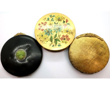 Three vintage compacts; one set with a carved jade panel and marcasite, two further examples, all unnamed. P&amp;P Group 1 (£