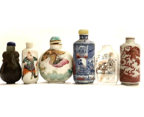 Four ceramic, one glass and one soapstone / jade Chinese snuff bottles (6). P&amp;P Group 2 (£18+VAT for the first lot and £3