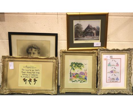 Four contemporary gilt framed embroidered pictures and an early photographic portrait. Not available for in-house P&amp;P, co