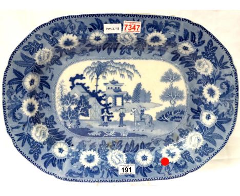 John Rogers and Sons blue over white zebra pattern meat platter decorated with zebra and figures in an Oriental garden with p
