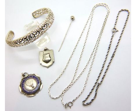 Two silver neck chains, two silver fobs, bangle and pin brooch. P&amp;P Group 1 (£14+VAT for the first lot and £1+VAT for sub