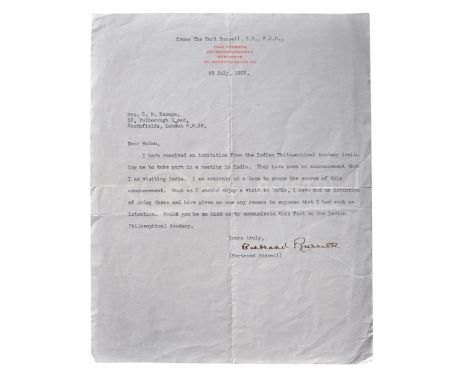 Bertrand Russell, 3rd Earl Russell (1872-1970) - typed signed letter on headed stationery;&nbsp;

'Dear Madam,
I have receive