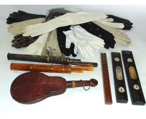 A collection of vintage gloves, a set of Chinese scales in a travelling timber case, two sets of Chinese cutlery in polished 