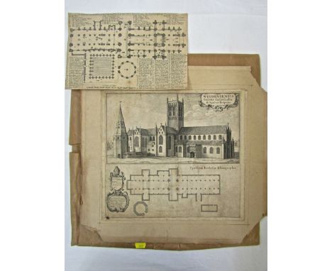 A 17th century black and white engraving showing the cathedral church at Worcester together with a plan of the cathedral, wit