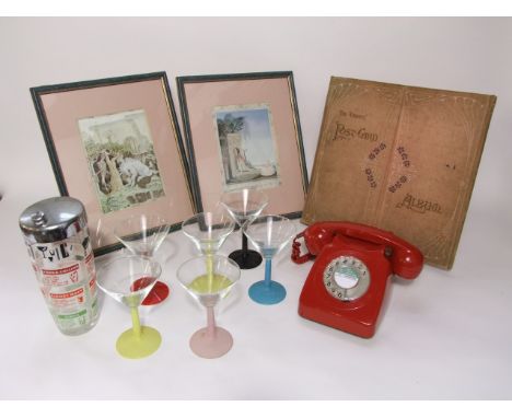 A vintage cocktail shaker with printed cocktail recipes, together with a harlequin set of cocktail glasses with flared bowls 