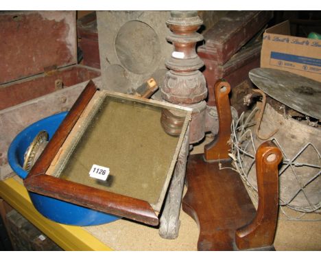 A Victorian pole screen stand/base with turned pillar and tripod, a vintage wooden coin tray/till with four circular receptac