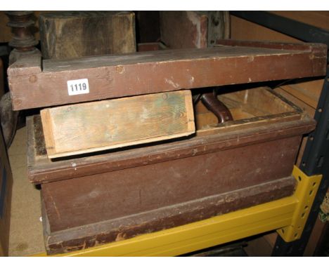 A vintage stained pine tool chest with hinged lid and removable tray interior containing various mainly carpentry related han