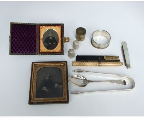 A pair of Georgian silver nips, napkin rings, two thimbles, fruit knife, a quill cutter and two Daguerreotype photographic po