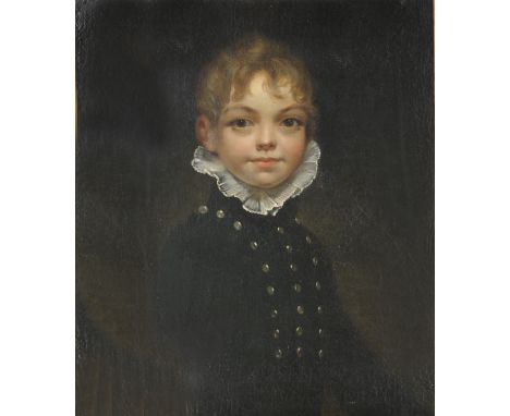 An early 19th century oil painting on canvas in the manner of Sir William Beechey, half length portrait of a young boy in whi