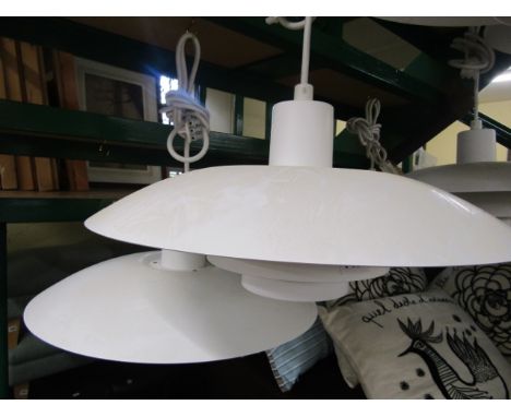 A pair of Skandium pendant lights model number PH4/3 by Lewis Pulsen, 40cm x 20cm in white spun aluminium
