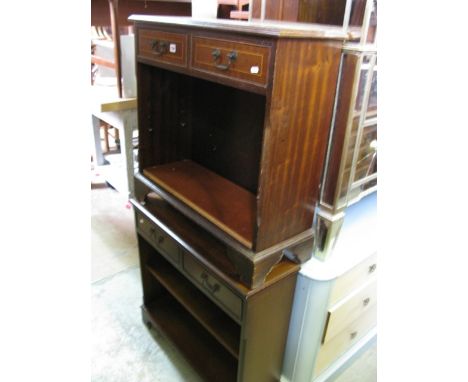 A pair of reproduction mahogany veneered dwarf freestanding bookcases in the Georgian style, each fitted with two frieze draw
