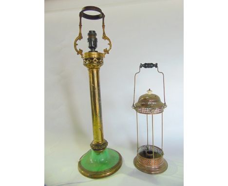 A Victorian oil lamp stand with brass column and foliated detail, later adapted to electricity together with a 19th century c