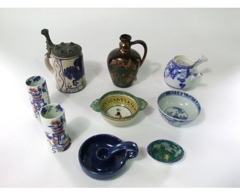 A collection of ceramics including an unusual studio pottery type flagon with copper lustred glaze and two painted panels of 