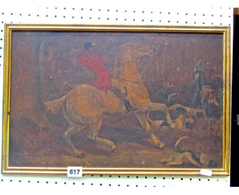 A 19th century oil painting on board of a hunting scene with horse, rider and hounds, 30 x 46 cm approx in simple gilt frame 
