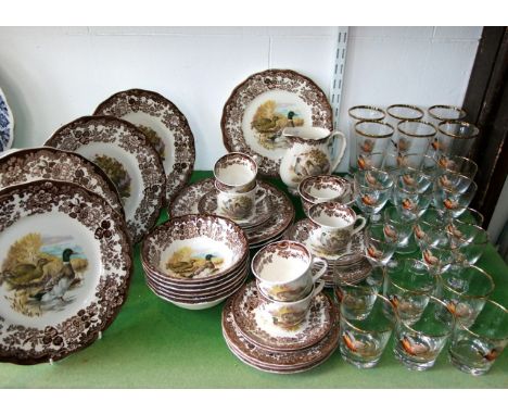 A quantity of Royal Worcester Palissy Game series wares comprising milk jug, sugar bowl, cake plate, six cups, six saucers, s